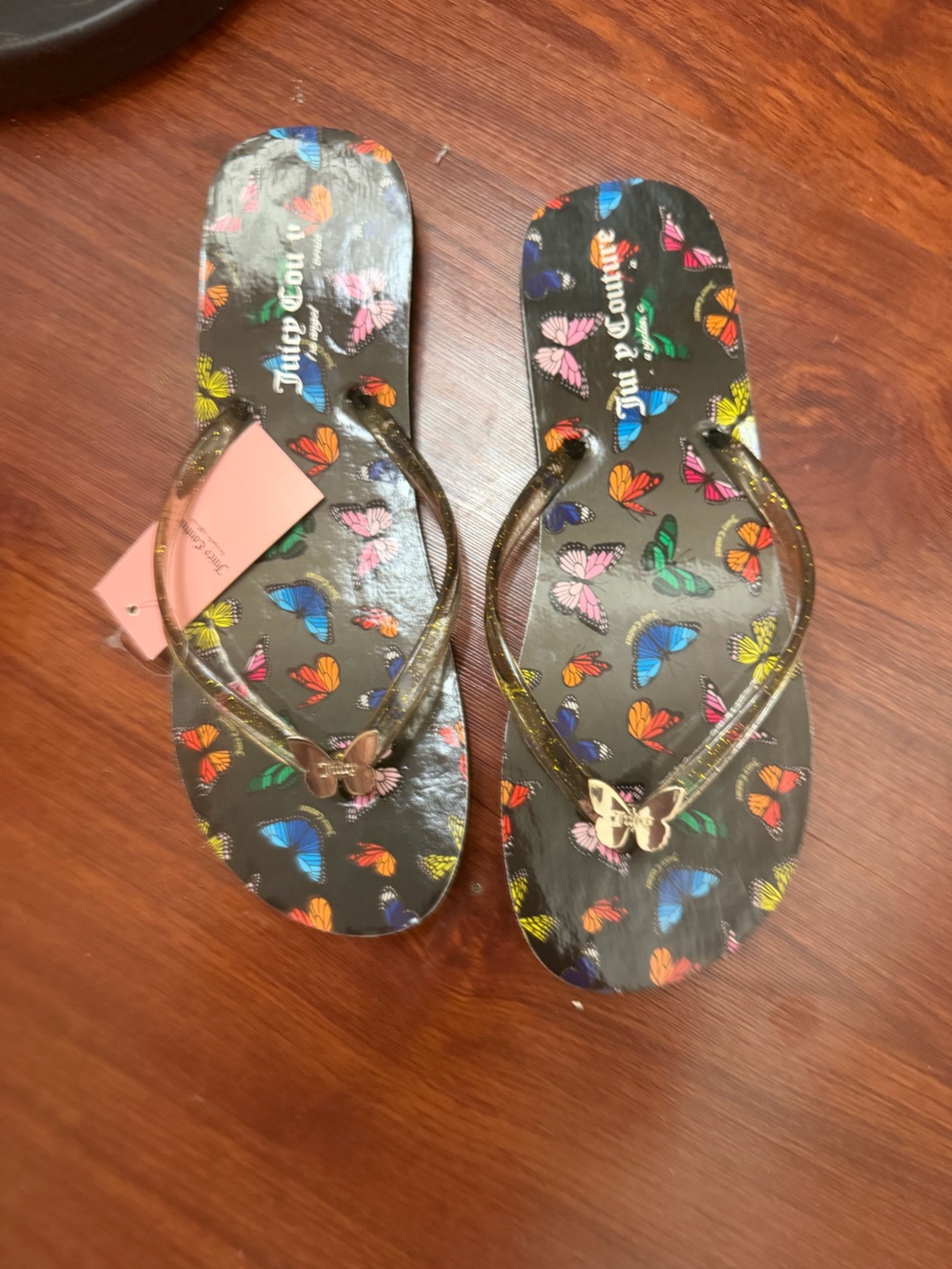 Juicy Couture Black Zabelle Butterfly Footbeds Glittery Flip Flops Size 11 NWT